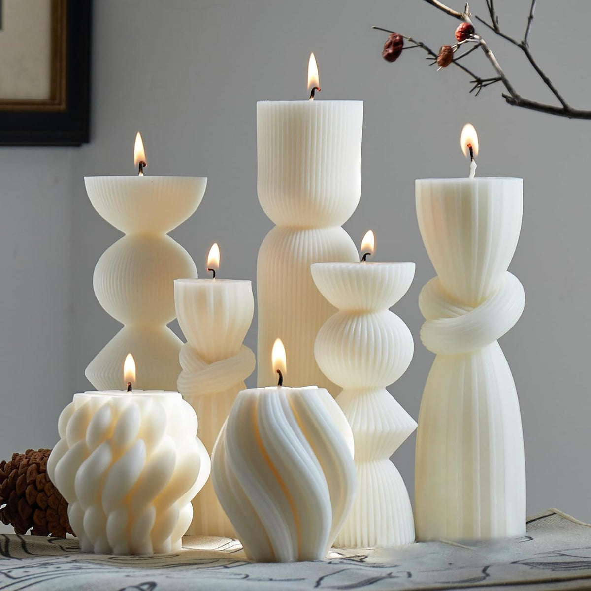 7 Pcs Large Ribbed Pillar Candles - Handmade Soy Wax Candles for Home Decor, Modern Shelf Decor, Housewarming Gift, Aesthetic Room Decor (White)