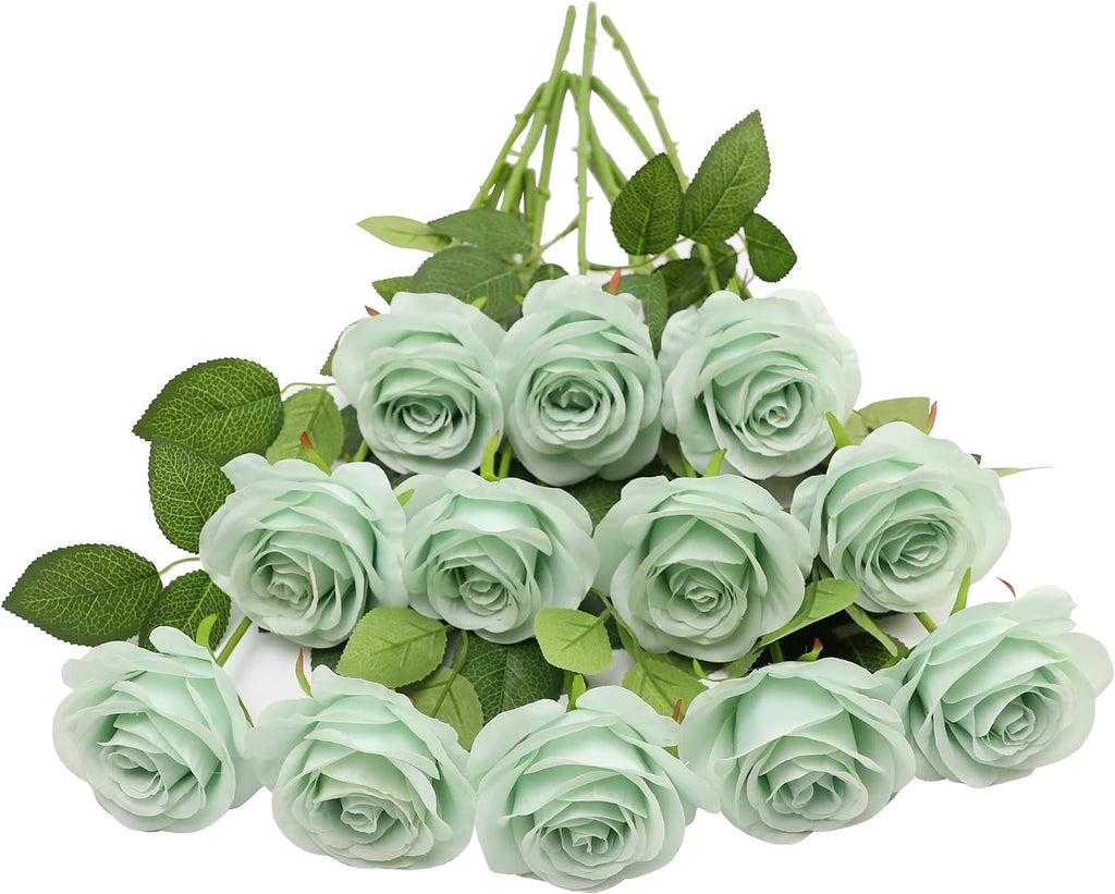 LVEFIT 30 Pcs Light Green Fake Roses Artificial Flowers Faux Flowers