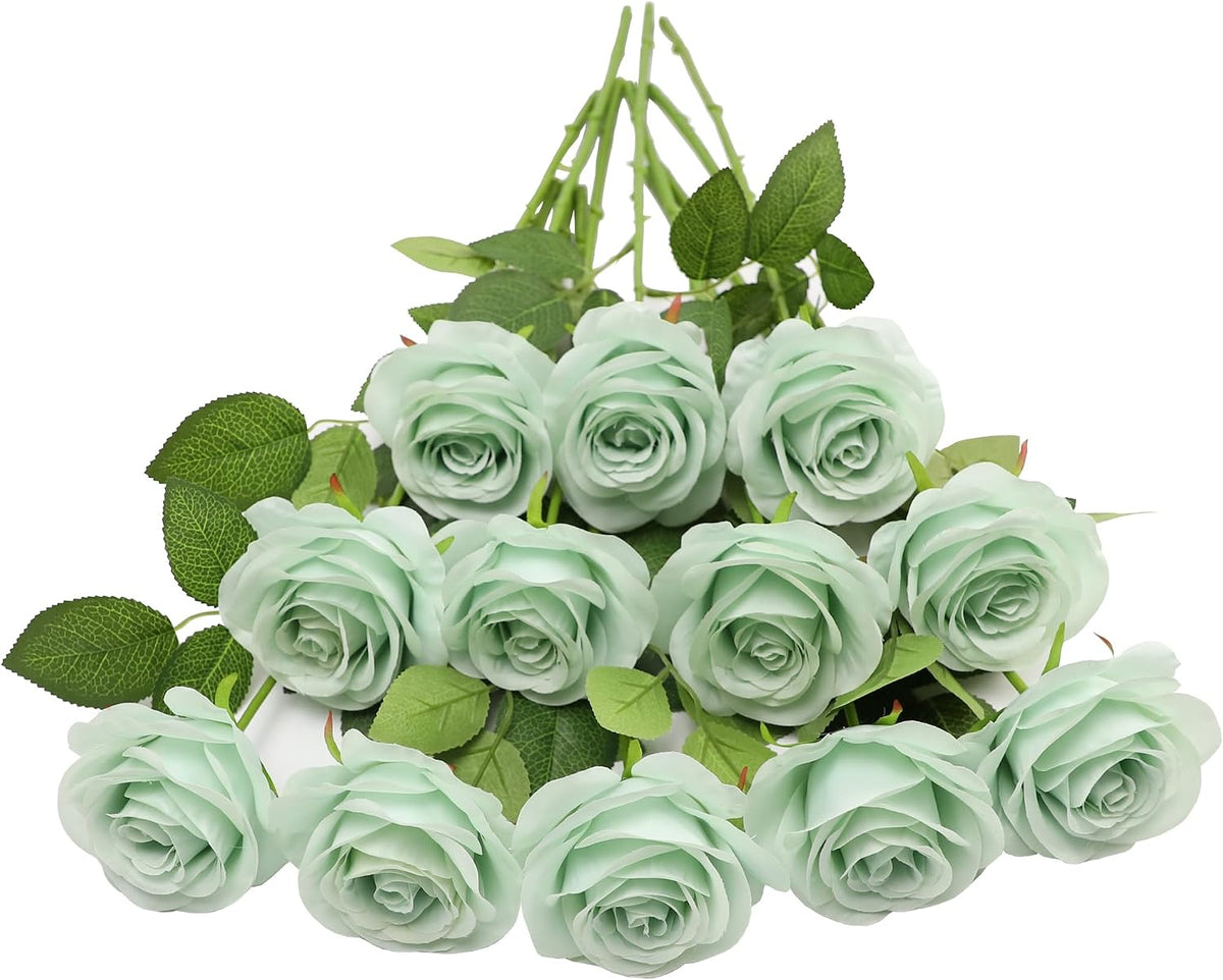 LVEFIT 30 Pcs Light Green Fake Roses Artificial Flowers Faux Flowers
