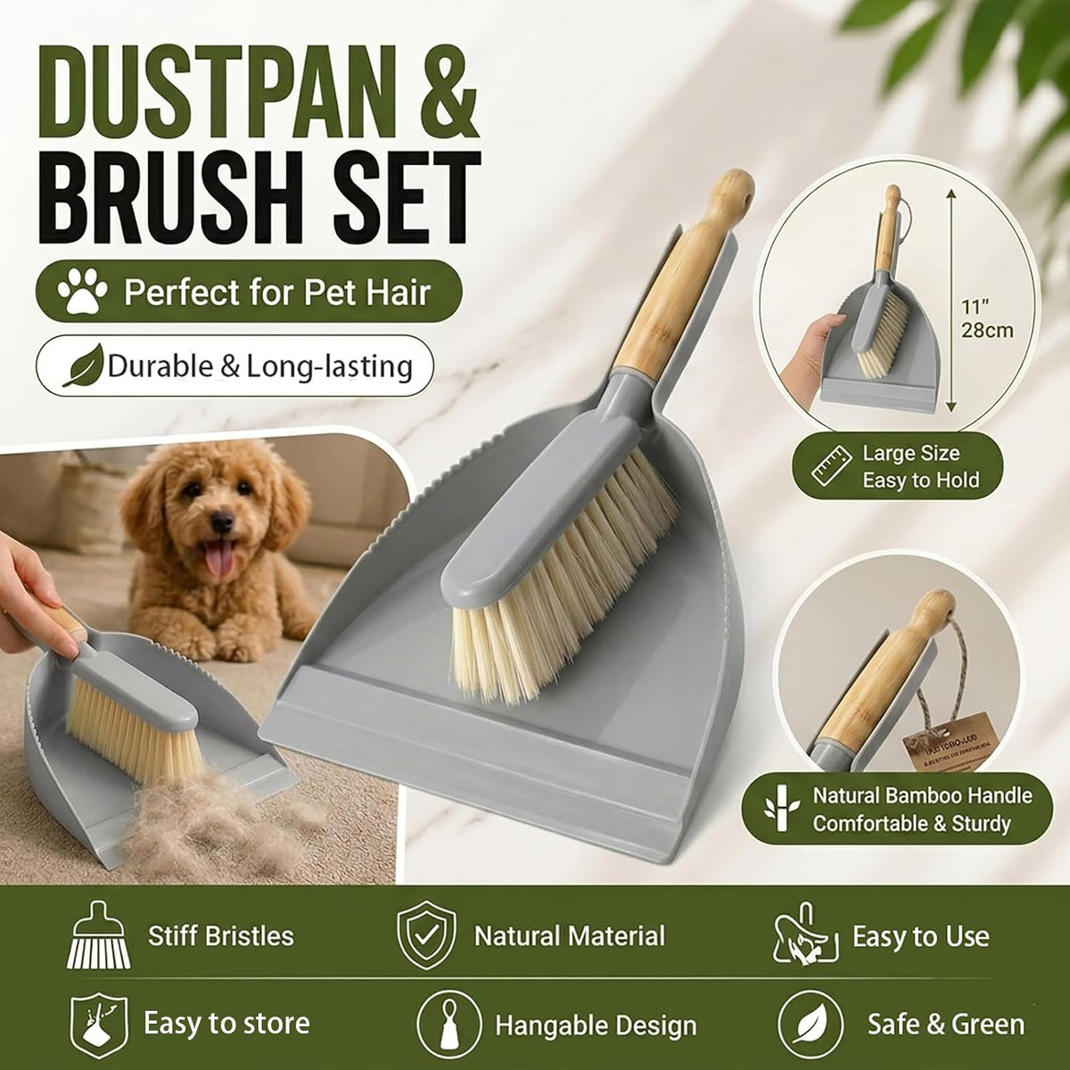 Small Dustpan and Brush Set - Mini Broom with Dustpan Set, Handheld Broom and Dust Pan Combo Set for Home, Pet Care, Car, 14 x 8.7 inch, Grey