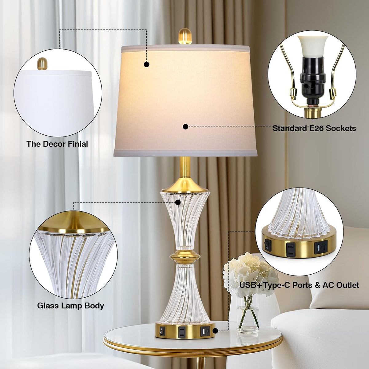 Rinweey Crystal Glass Table Lamp with USB C+A Ports & AC Outlet,Modern Bedroom Lamps,Gold Lamp for Night Stands Bedroom Living Room,Nightstand Lamp LED Bulbs Included,Single Gold