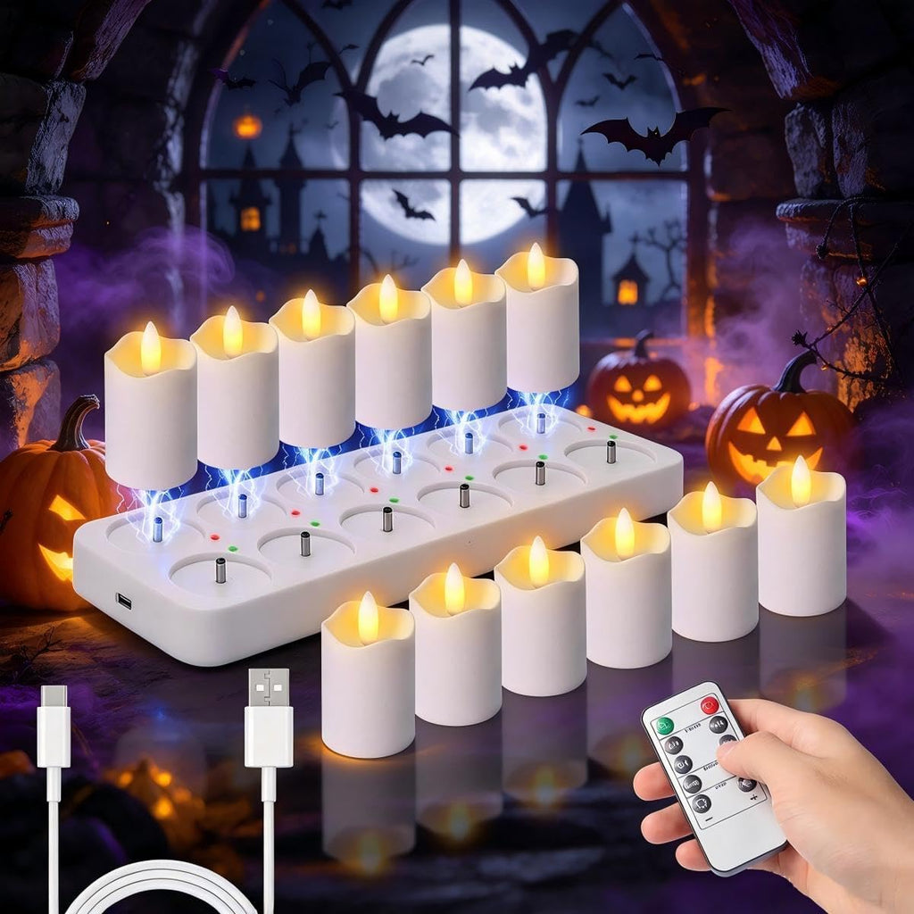 Rechargeable Flameless Tea Lights Candles with Remote Timer, 12 Pack 1.5" x 2.6" LED Candles with Charging Base, Flickering Battery‑Operated Tealights for Home, Wedding, Halloween & Christmas Decor