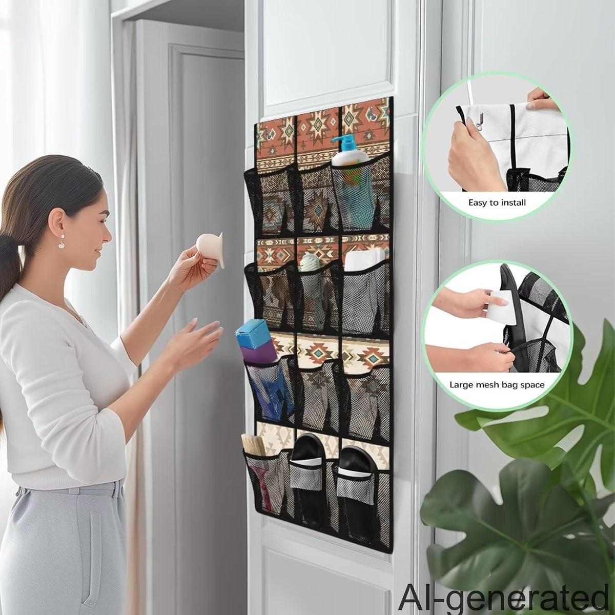 Aztec Tribal Pattern Hanging Shoe Organizer,Shoe Organizer Door Hanger with 12 Mesh Large Pockets,Behind Door Shoes Hang Holder Rack