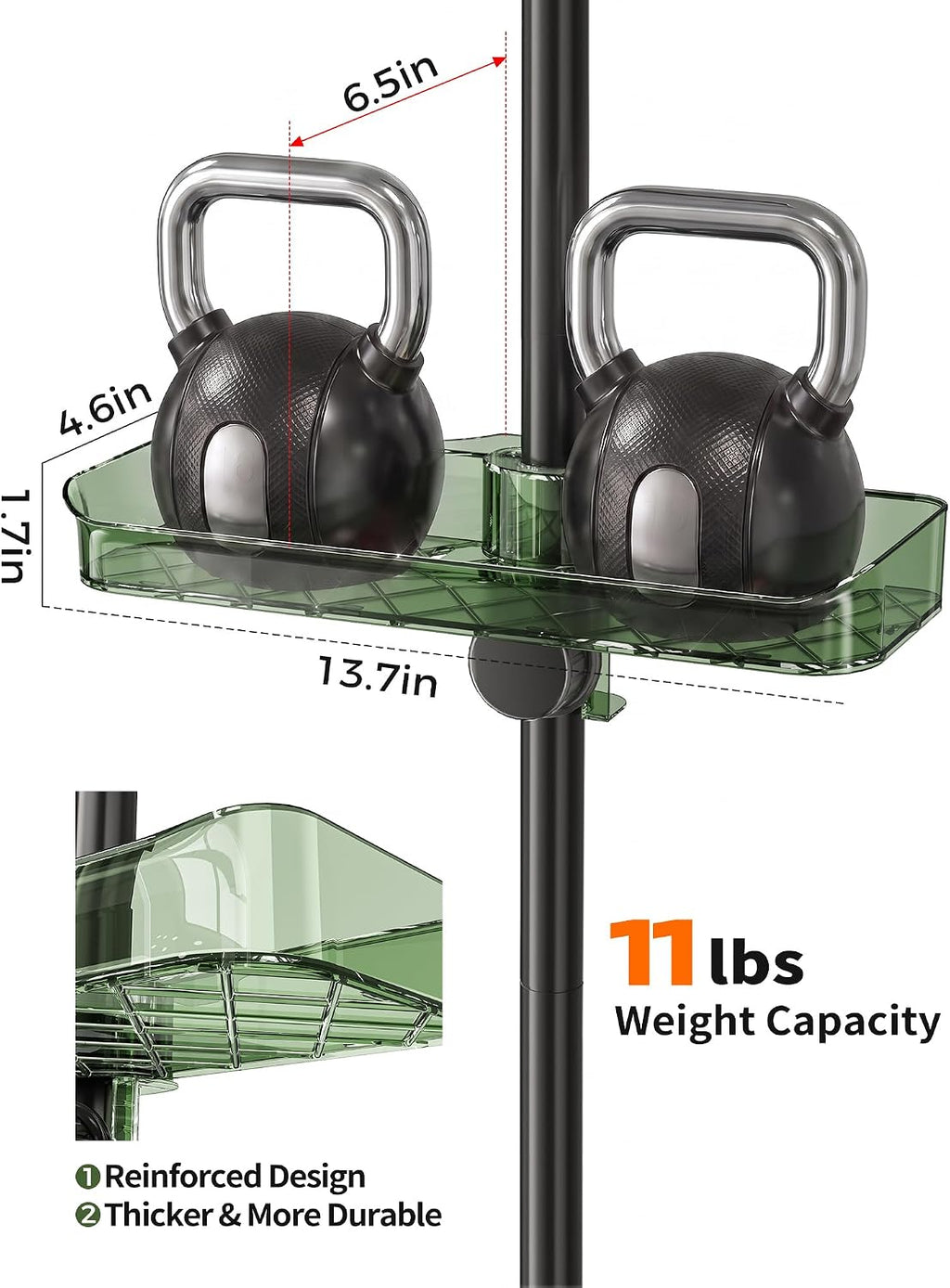 Shower Caddy Tension Pole, Bathroom Organizer Shelves, Green