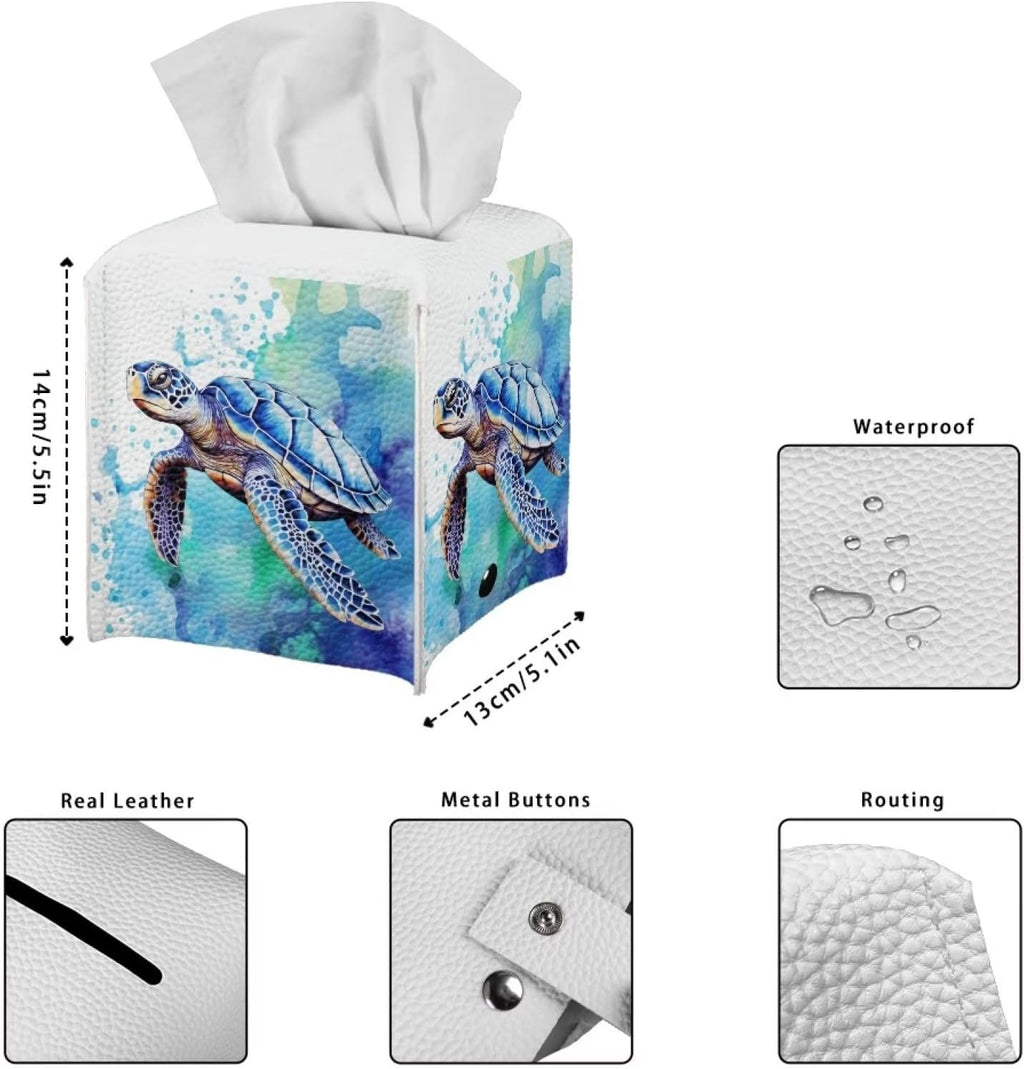 ZOUTAIRONG Retro Square Aqua Blue Leather Tissue Box Holder