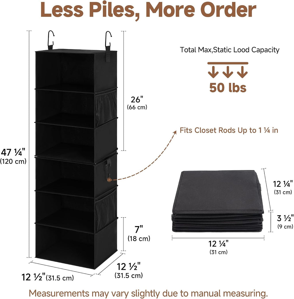 StorageWorks Hanging Closet Organizer, 6-Shelf with 2-in-1 Design, Black