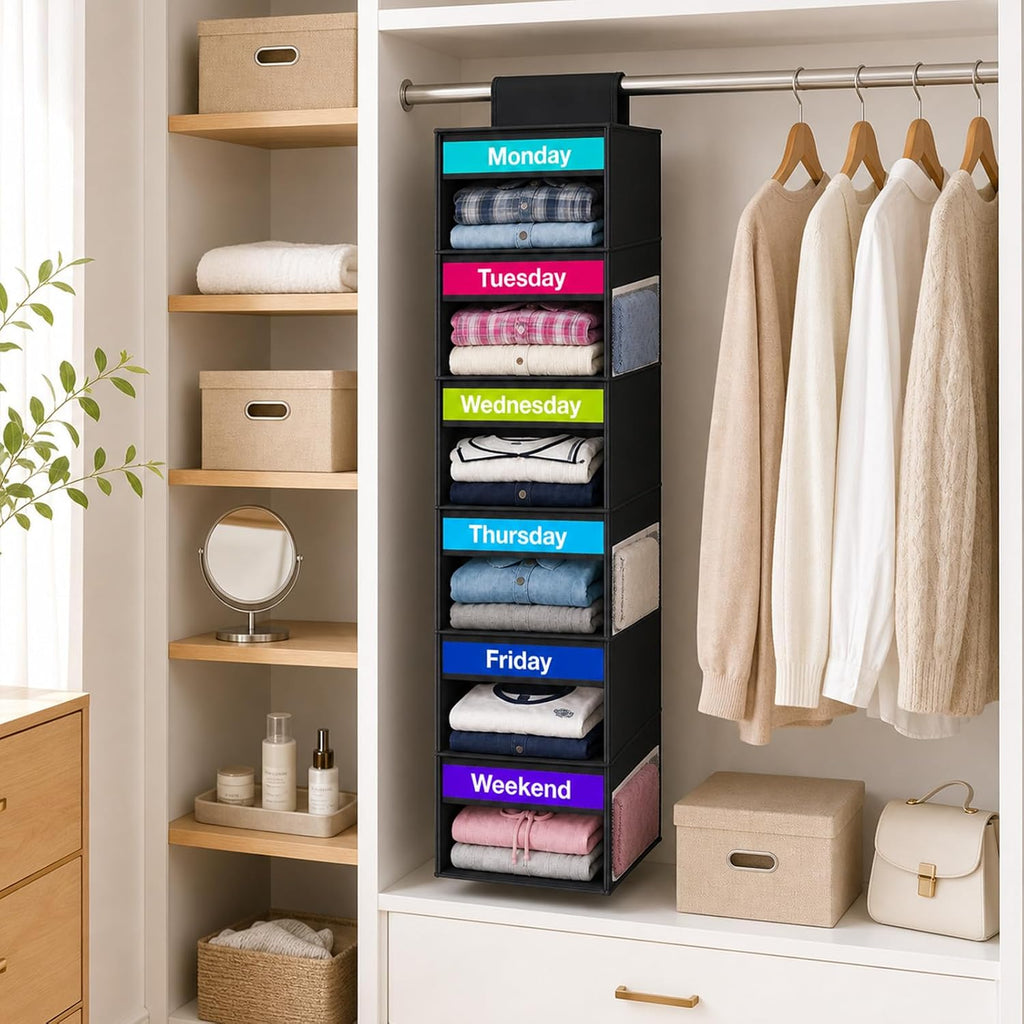 6 Shelf Weekly Clothes Organizer for Kids Days of The Week Outfits(Black)