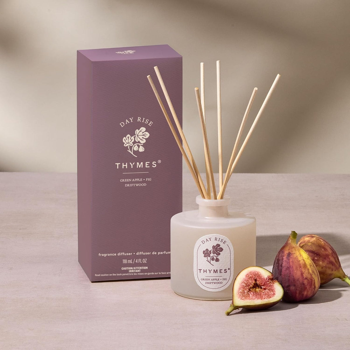 Thymes Petite Oil Reed Diffuser Set – Includes Reeds, Fragrance Oil & Glass Bottle – Luxury Scent Diffusers for Home Decor – Notes of Mediterranean Fig, Green Apple & Driftwood (Day Rise, 4 fl oz)