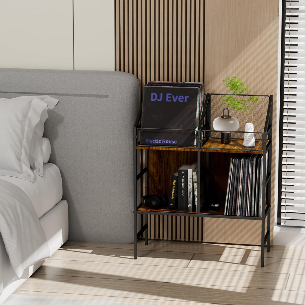 EYOCAL Vinyl Record Holder Storage Rack,200 LP Wooden Record Display Table for Albums Books Magazines Files for Living Room Bedroom