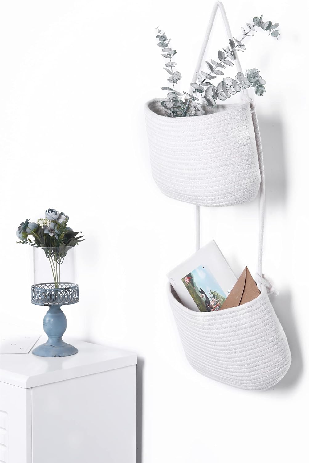 Over The Door Hanging Basket, 2 Tier Cotton Rope Woven Organizer