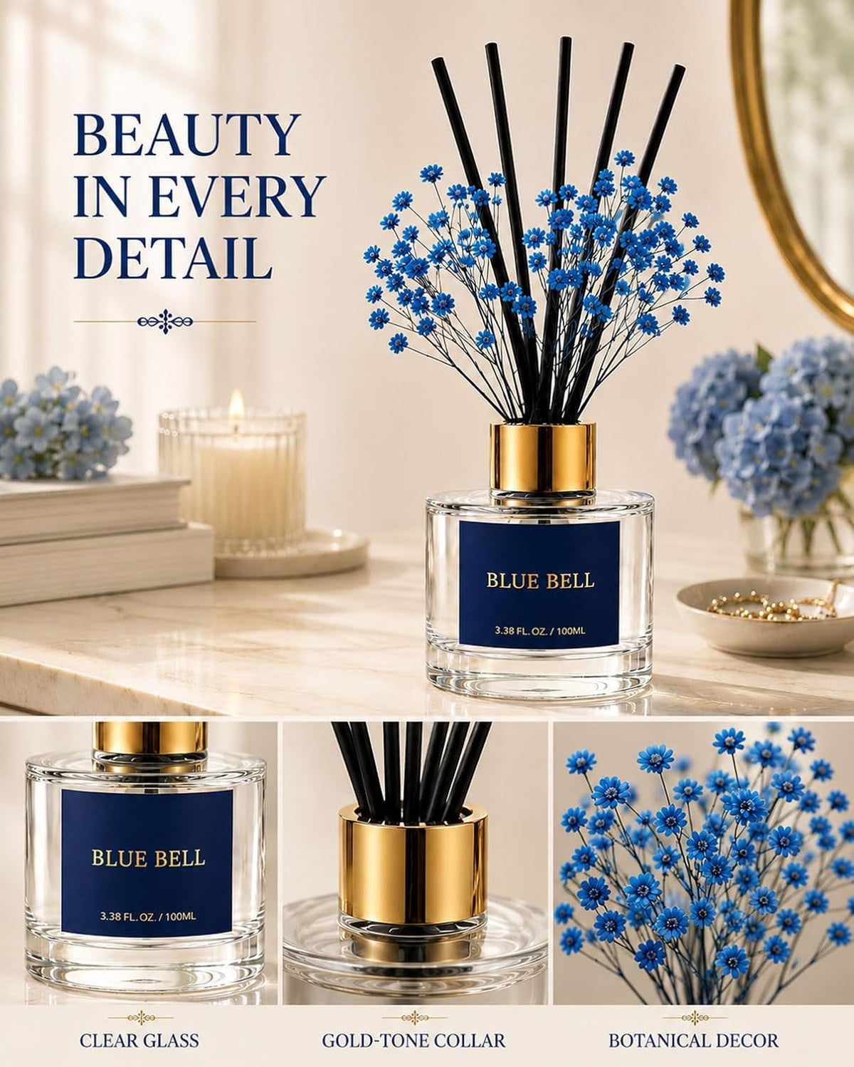 Reed Diffuser Set, Blue Bell, 3.38 fl oz with 6 Sticks