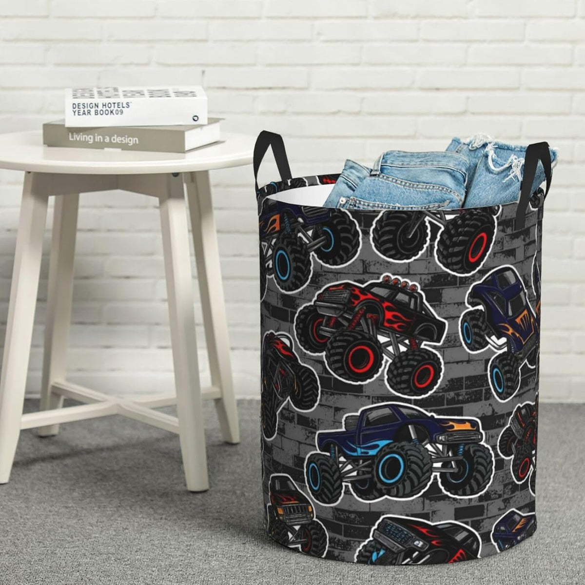 Monster Truck Boys Style Round Laundry Hamper Storage Basket Toys Clothes Organizer Bin For Home Bathroom Bedroom Dorm Nursery, 38l