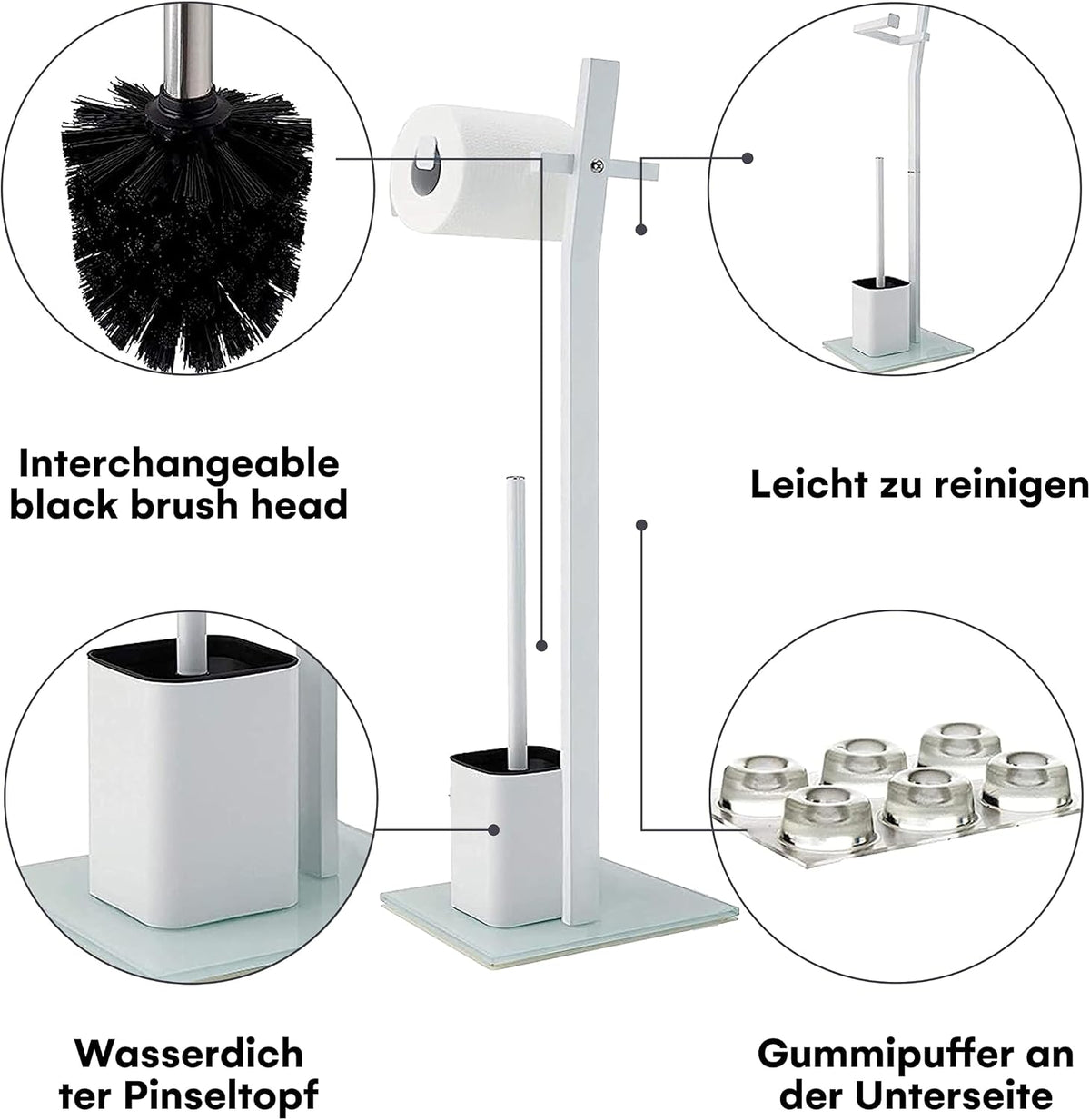 WC Set - White –22x18x70cm– Toilet Paper Holder and Toilet Brush incl. – Stainless Steel – Strong Glass Base – Plus: 1+2 Replacement Toilet Brush Heads!