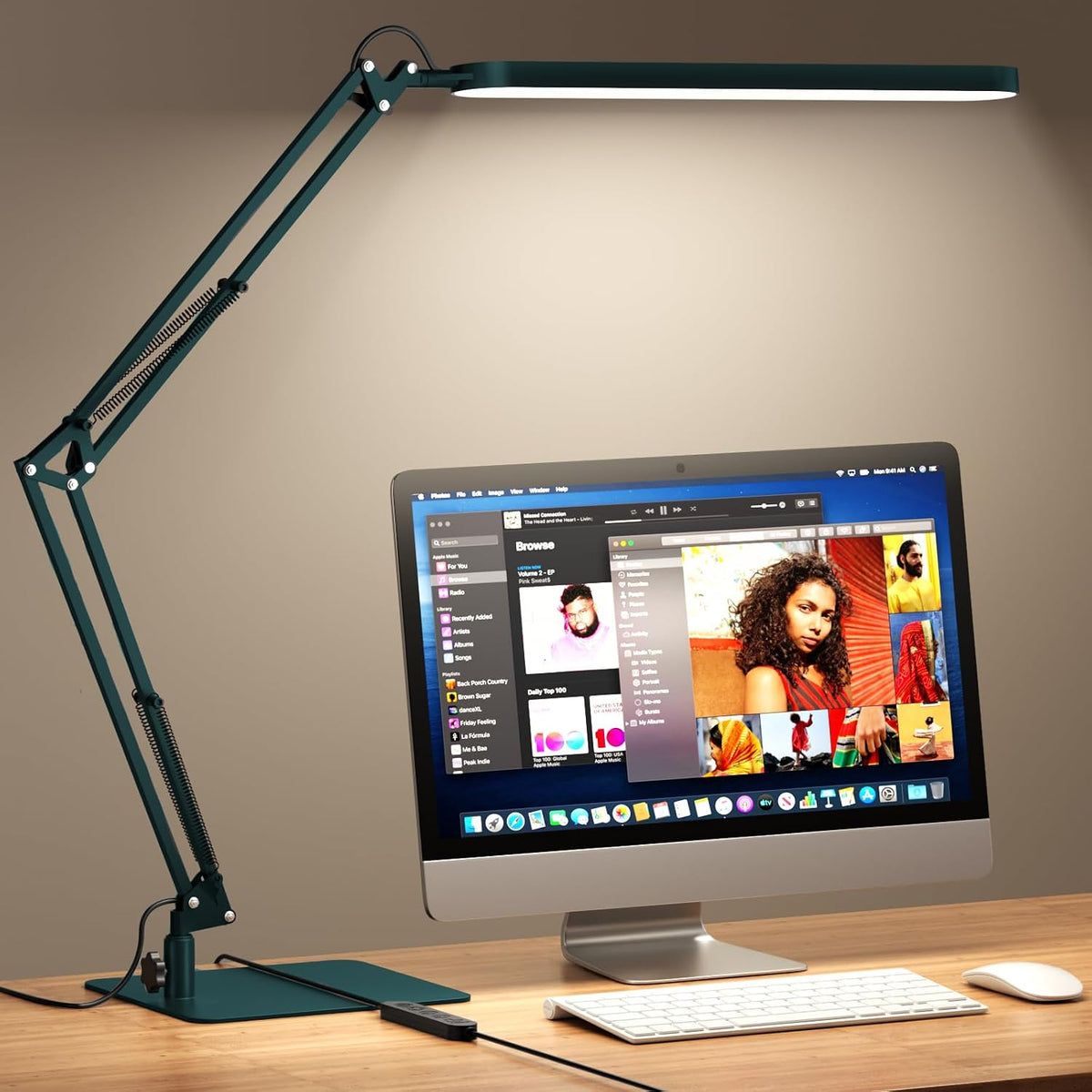 SKYLEO LED Desk Lamp with Slim Base - Adjustable Swing Arm Desk Light, Dimmable, Timer, Eye Protection, Memory Function, 1300LM, 12W, Green