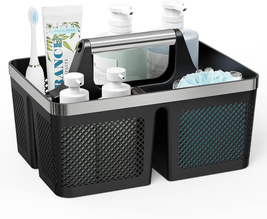 BYUNER Black Shower Caddy Portable: Plastic Bathroom Caddy Organizer with Handle and Holes, Cleaning Caddy, Hard Shower Basket Storage Tote for Toiletry, College Dorm Room Essentials for Men