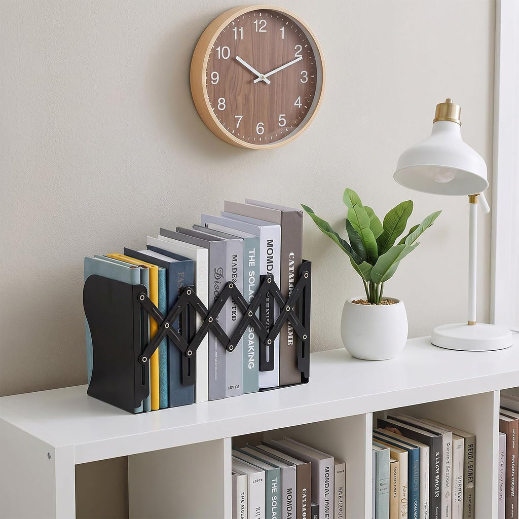 2PCS Adjustable Bookends, Metal Book Ends for Heavy Book, 2 Dividers, Nonslip Extendable Books Stander for Desk, Shelf, Office, Binder Holder, Stationery Gift, Extends up to 19 inch (Black)
