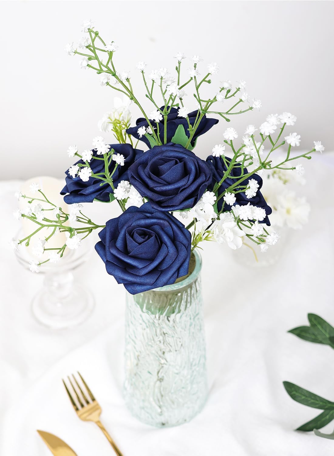 50pcs Artificial Flower，Real Touch Artificial Foam Roses Decoration DIY for Wedding Bridesmaid Bridal Bouquet Centerpieces Party(50, Navy Blue)