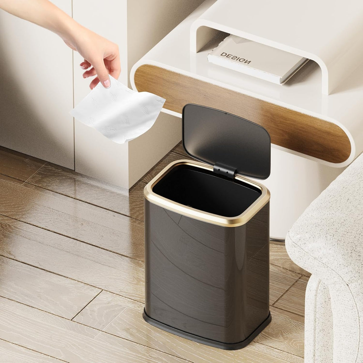 2.1 Gallon Bathroom Trash Can with Lid Press Top, 8 Liter Stainless Steel Garbage Can with Press Type Lid, Slim Trash Bin Waste Basket for Toilet, Office, Bedroom (Titanium Black)