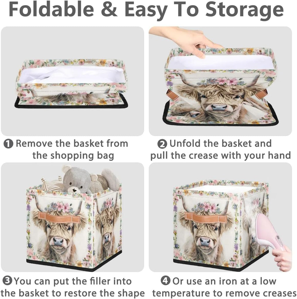 11 Inch Fabric Storage Cube with Handles, Highland Cow Collapsible Storage Basket for Shelves, Square Storage Bin Canvas Closet Organizer for Decor