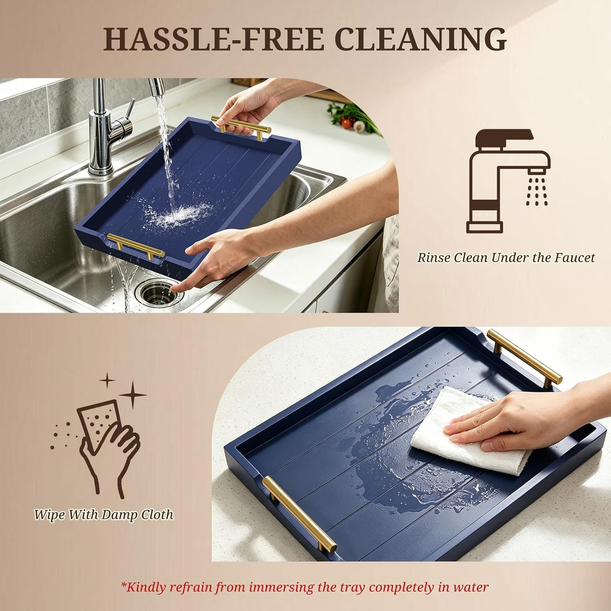 SXNOWS Set of 2 Wood Serving Trays with Gold and Silver Handles