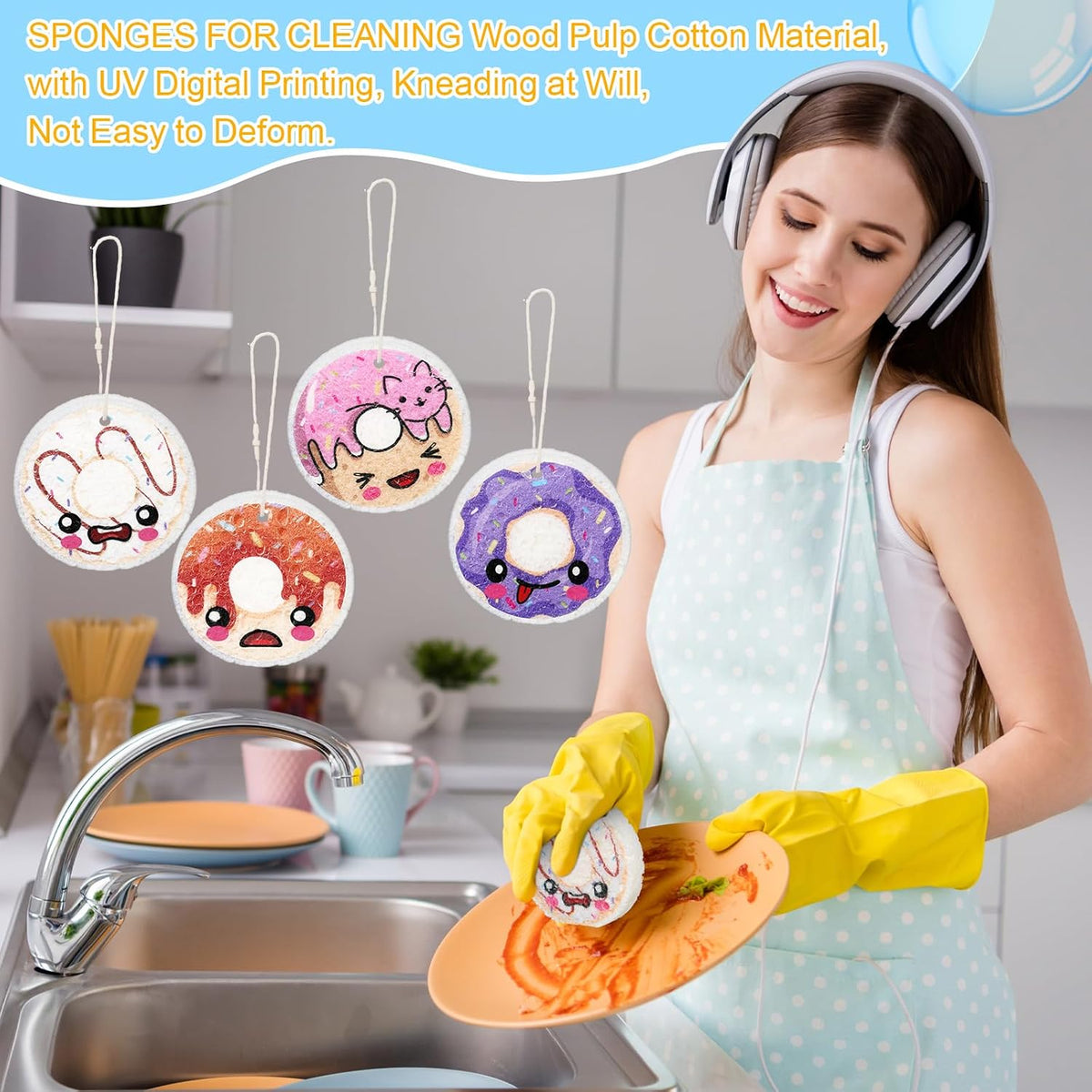 Newtay 8 Pack Cute Kitchen Sponges Dish Set Compressed Non-Scratch Reusable Kitchen Cleaning Household Sponges for Dishes, Pans, Kitchen, Fruit, Plate, Bathroom(Donut)