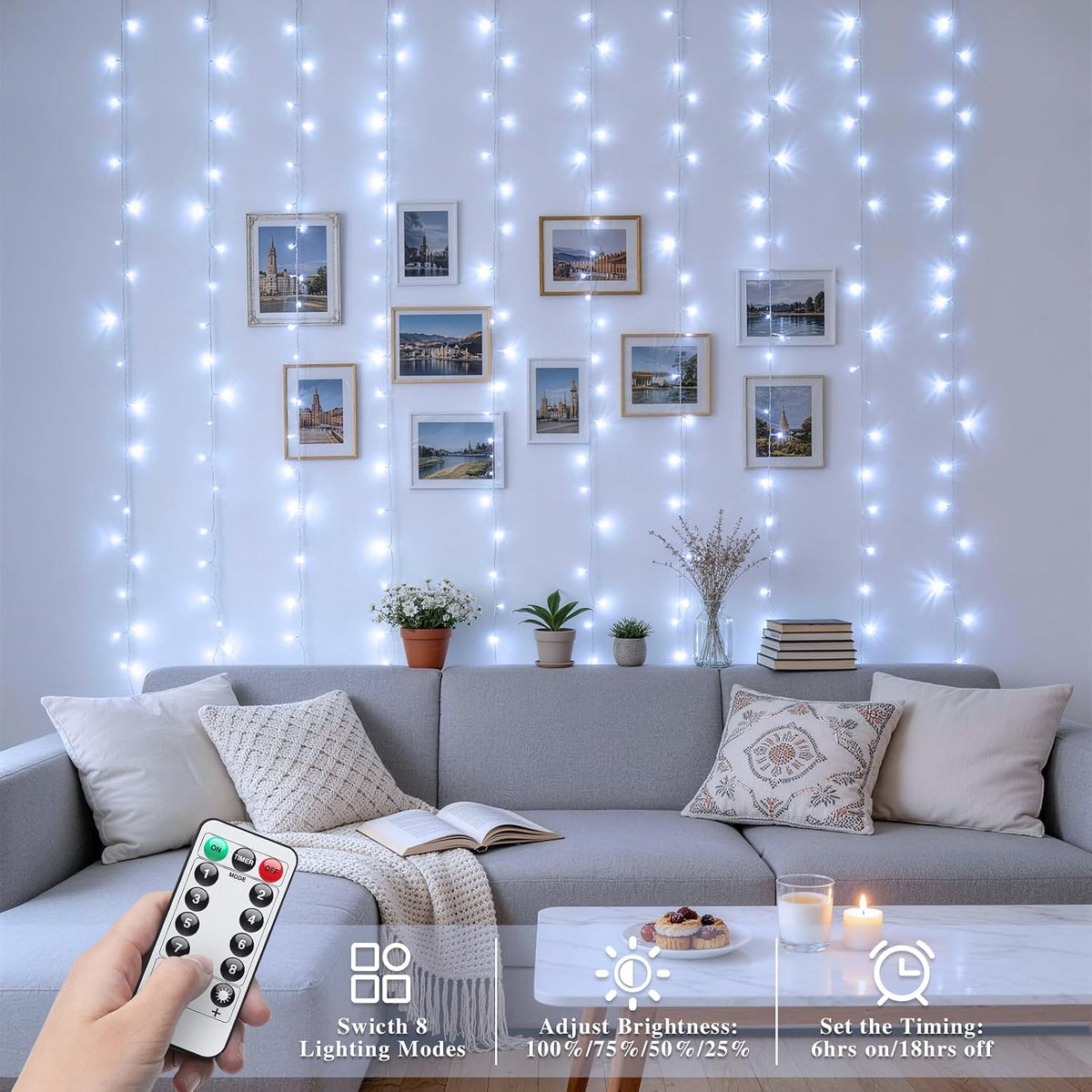JMEXSUSS 200 LED Curtain Lights Battery Operated & USB Plug in