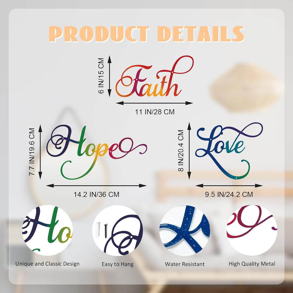 ESTART Faith Hope Love 3Pcs Colorful Metal Inspirational Letter Wall Sign