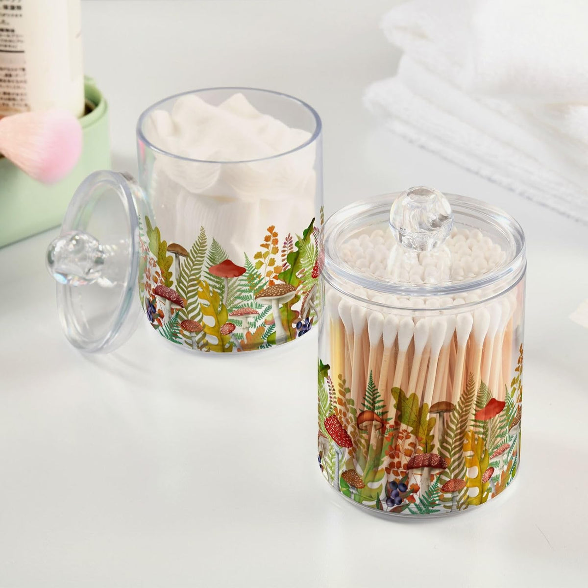 Fall Leaf Mushroom Apothecary Jars with Lids for Bathroom - 10 OZ Qtip Holder Clear Plastic Jar Storage Canister for Cotton Balls, Swabs, Makeup Organizer, 4 Pack