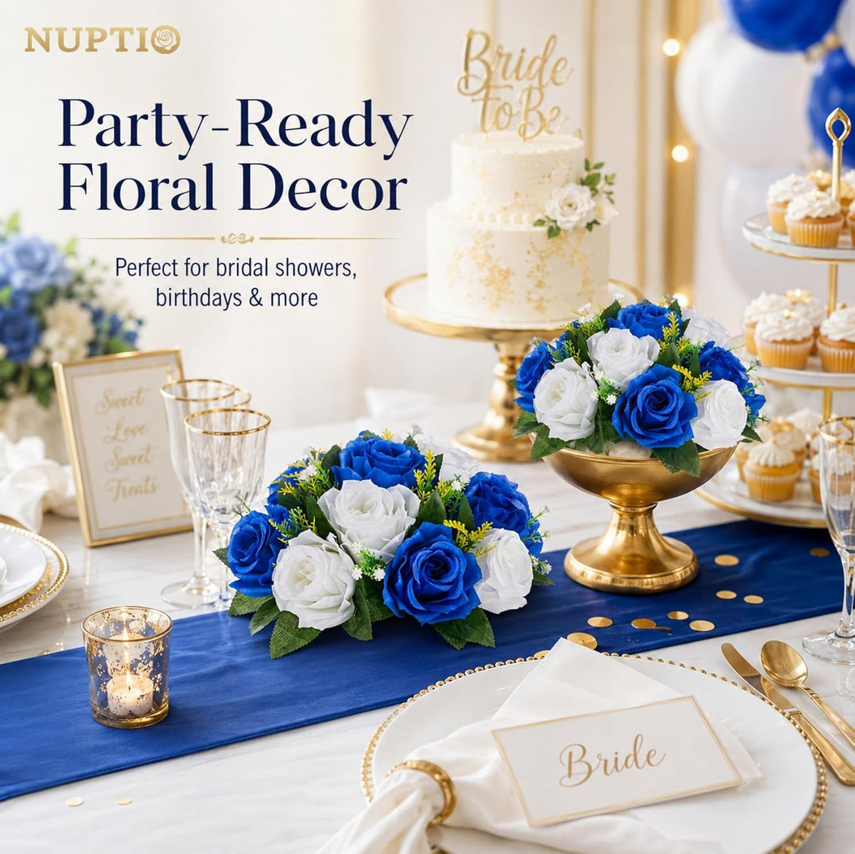 NUPTIO Flower Balls Centerpieces for Tables: Royal Blue White Fake Roses