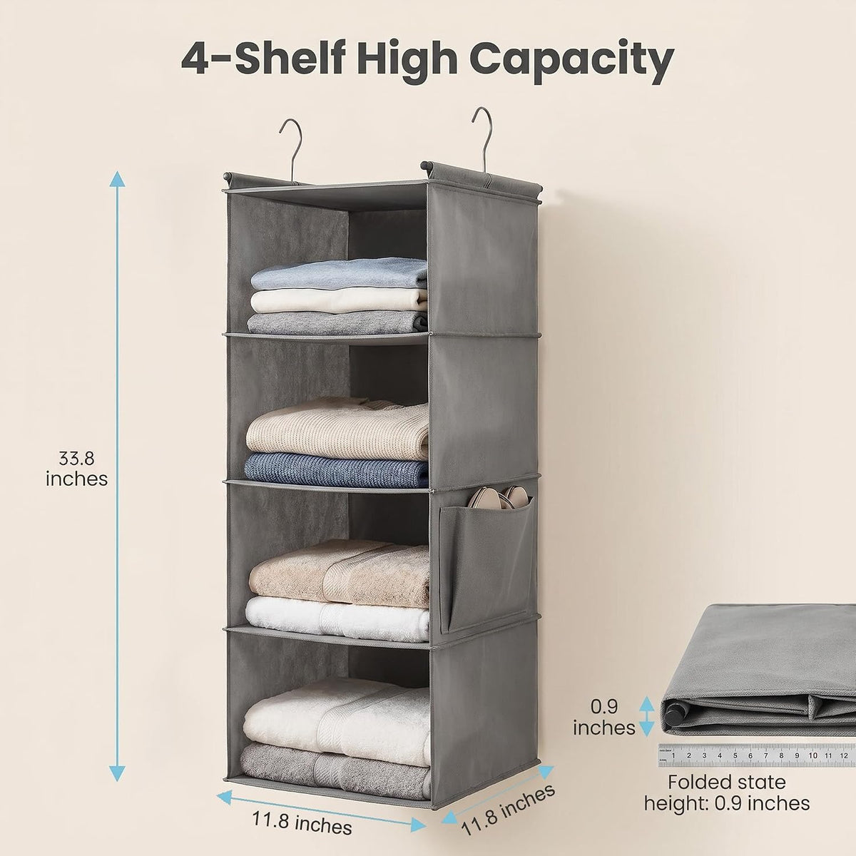 4-Tier Hanging Closet Organizer, Foldable Shelves, Grey for Dorm RV