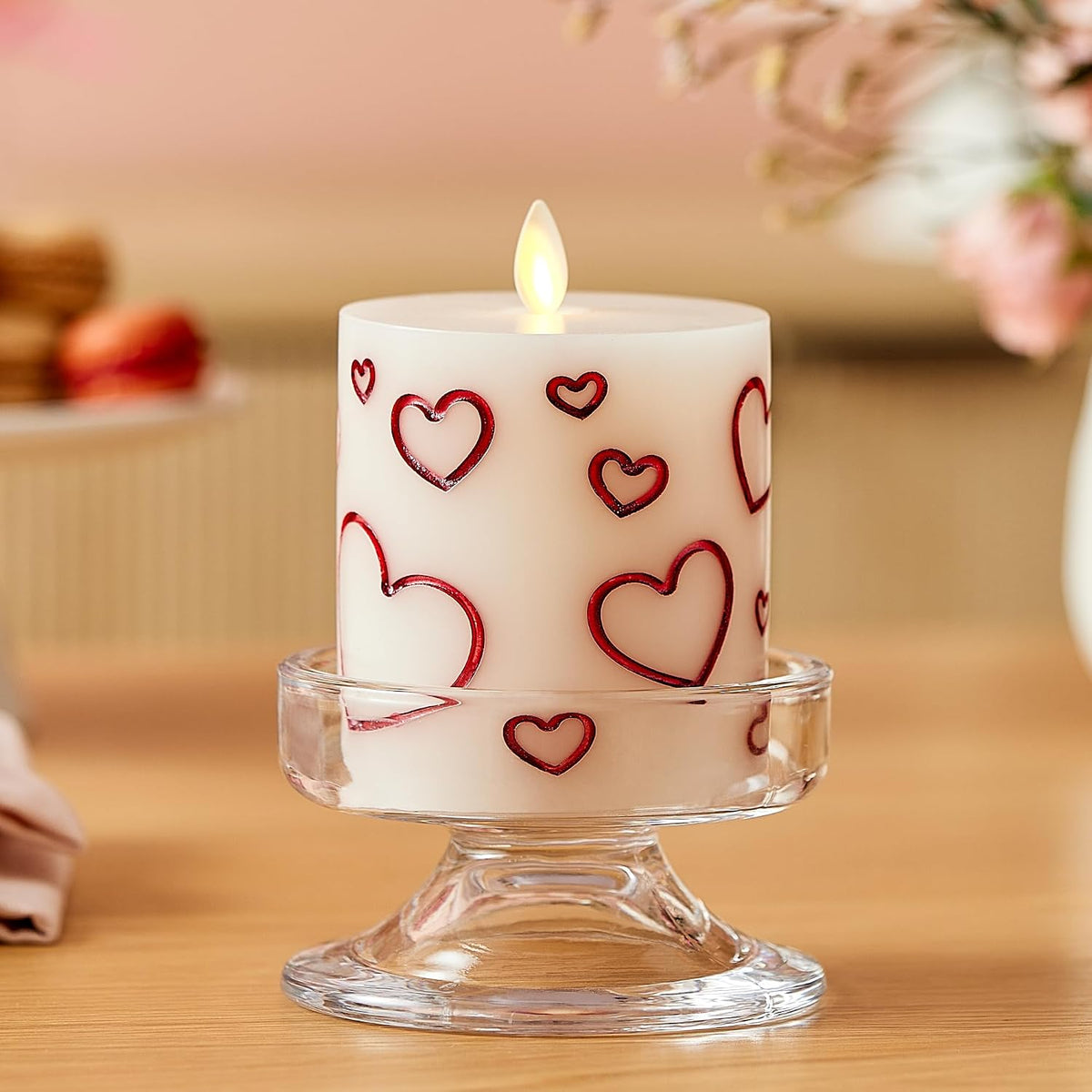 Luminara Debossed Hearts Pillar Candle Metallic Red - Patented Flickering Flameless Technology - Valentine's Day Collection - Remote Ready - 4.5"