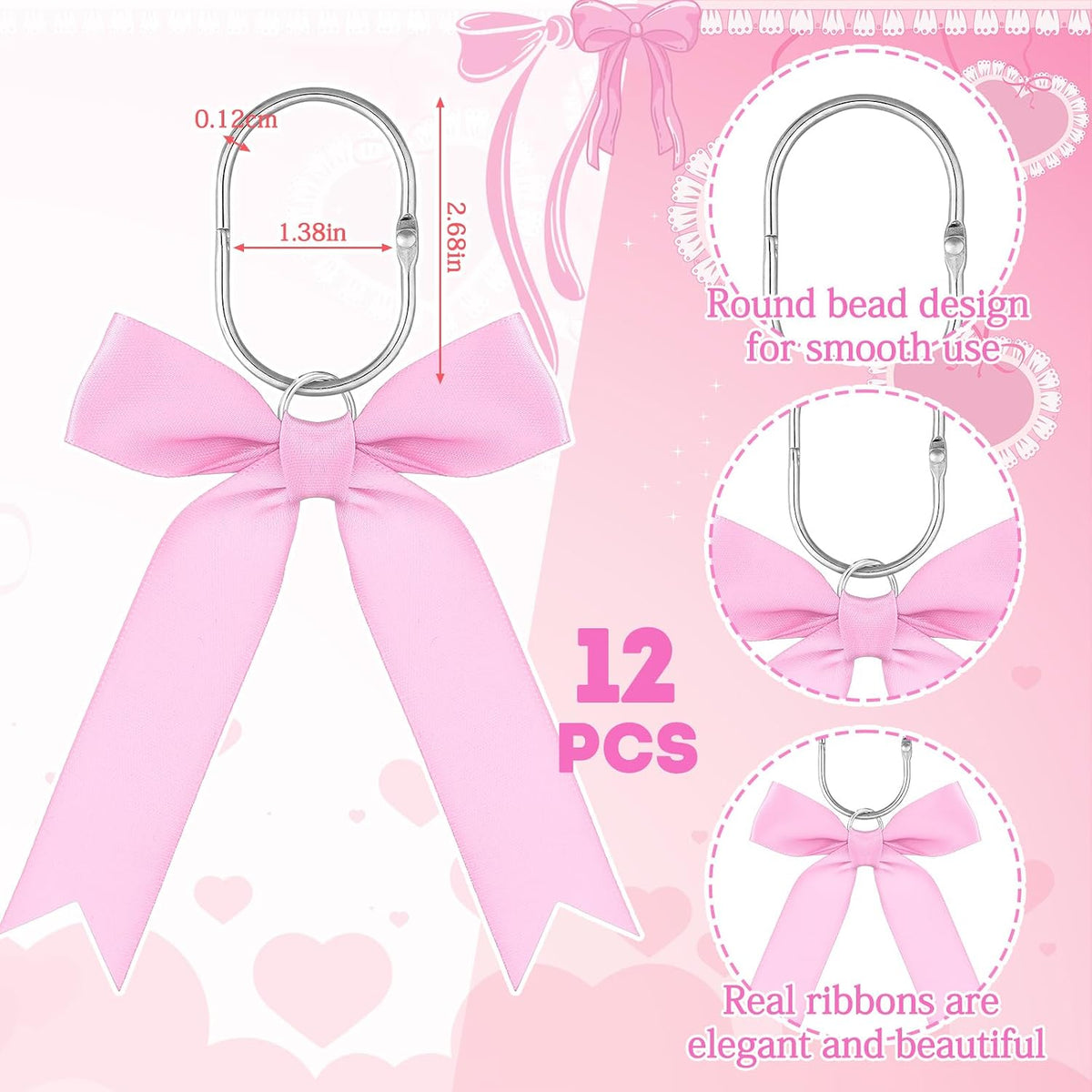 MorningRo 12 Pcs Light Pink Bow Cute Shower Curtain Hooks Bow Knot Hooks