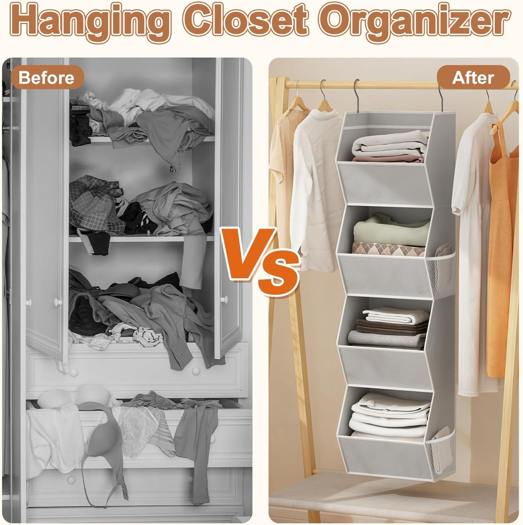 Closet Organizers and Storage Hanging with Mesh Pockets for Clothes, Grey