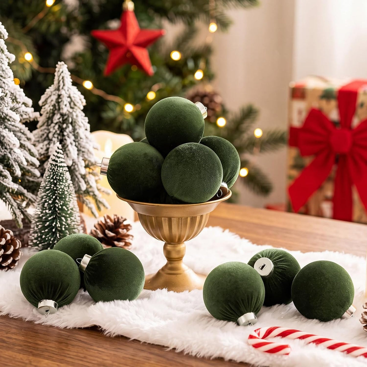 Green Velvet Ornaments for Christmas Tree 15Pcs Flocked Ornaments Balls
