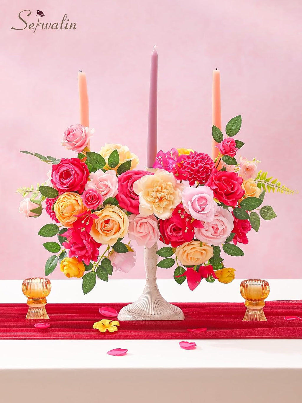 Serwalin Artificial Hot Pink Yellow Flowers Magenta Silk Flower for Wedding