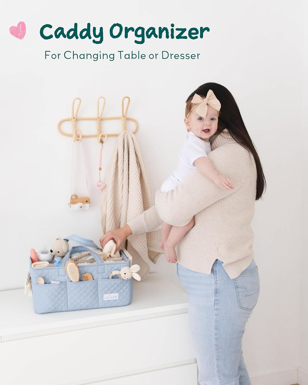 Lily Miles Baby Diaper Caddy Organizer, Quilted Nursery Storage Organizer for Newborn Essentials and Diaper Changing Station, Gift for Baby Shower and Registry Must-Have (Baby Breeze)