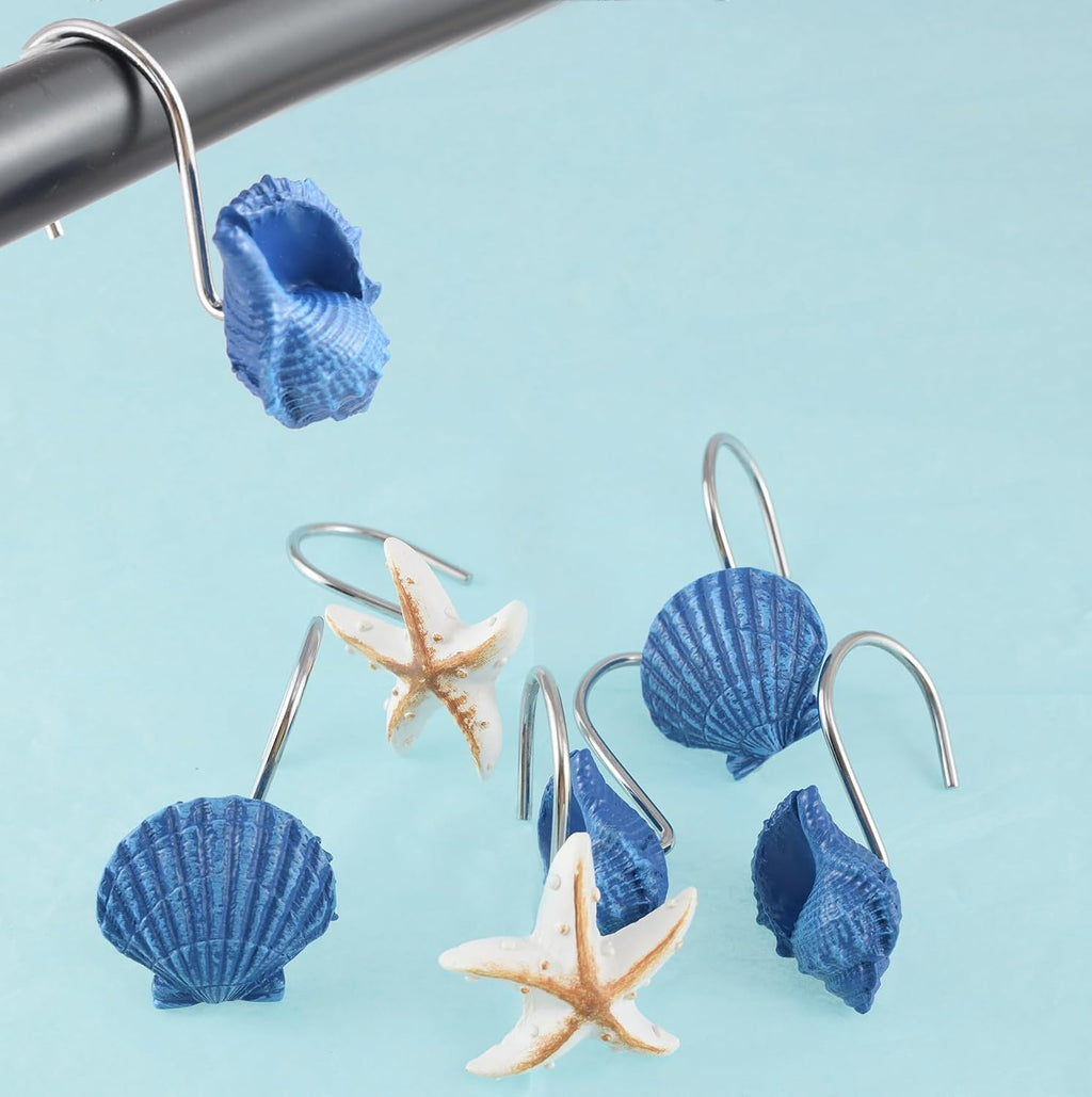12PC Coastal Blue Shower Curtain Hooks Rings with Starfish Seashell