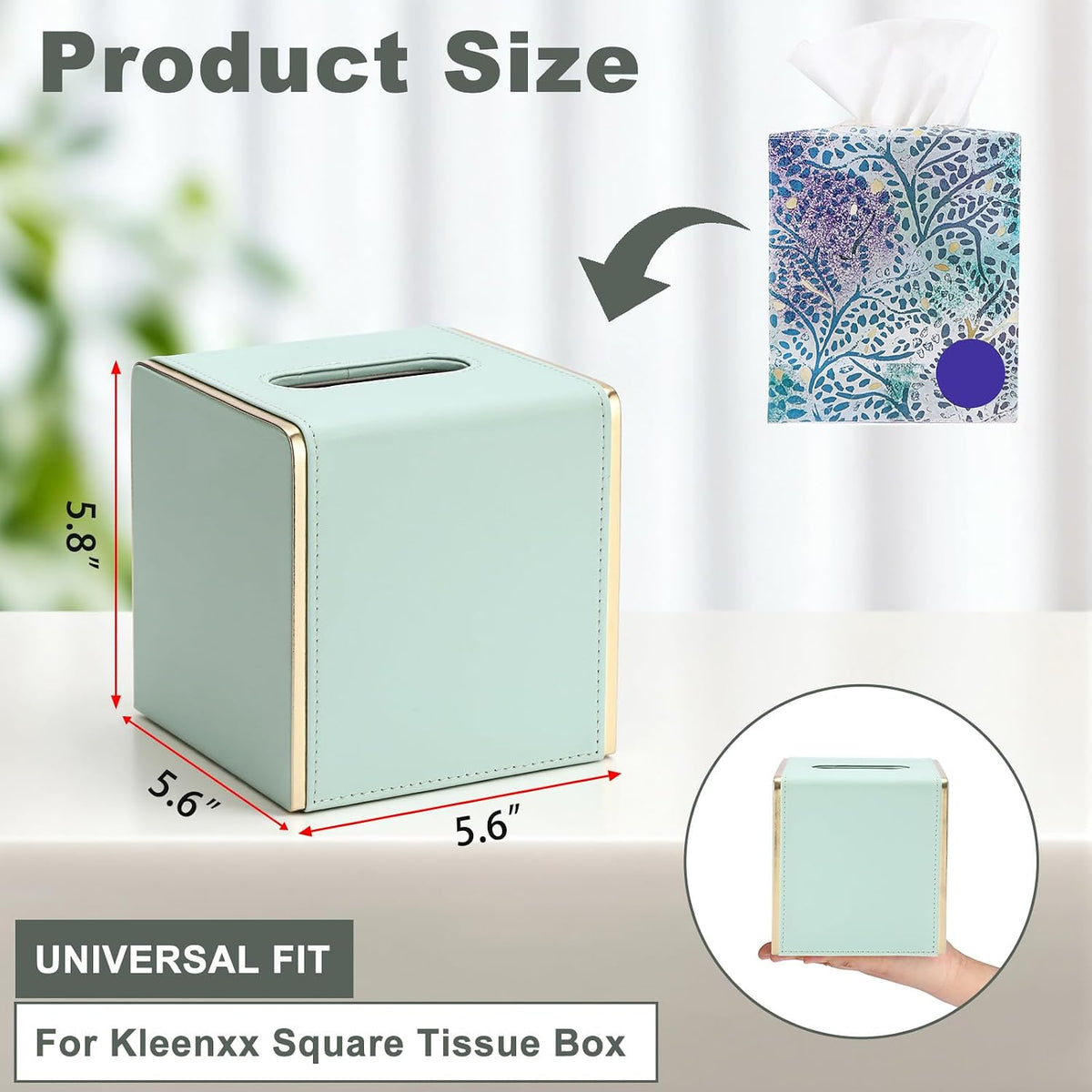 Sumnacon PU Square Tissue Box Cover, Magnetic Bottom, Waterproof,Mint Green