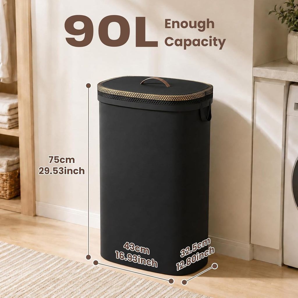 Laundry Hamper with Lid, 90L Large Tall Laundry Basket with Removable Laundry Bag, Collapsible Dirty Clothes Hamper for Bedroom, Bathroom and Laundry Room, Black