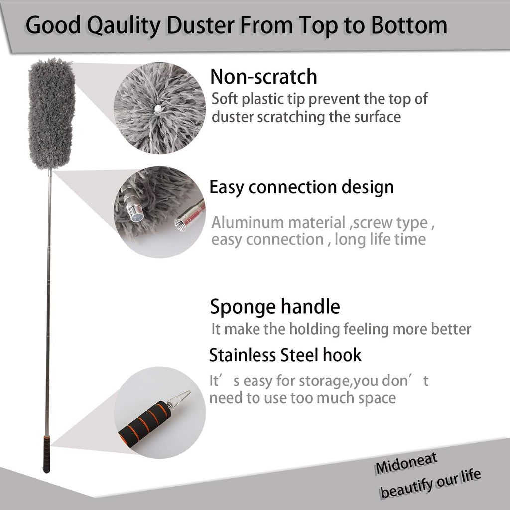 Midoneat Lambswool Duster with Extra Flexible Microfiber Head,Long Reach/Extendable Duster Up to 86" for Cleaning High Ceiling Fan, Interior Roof, Cobweb, Keyboard, Furniture