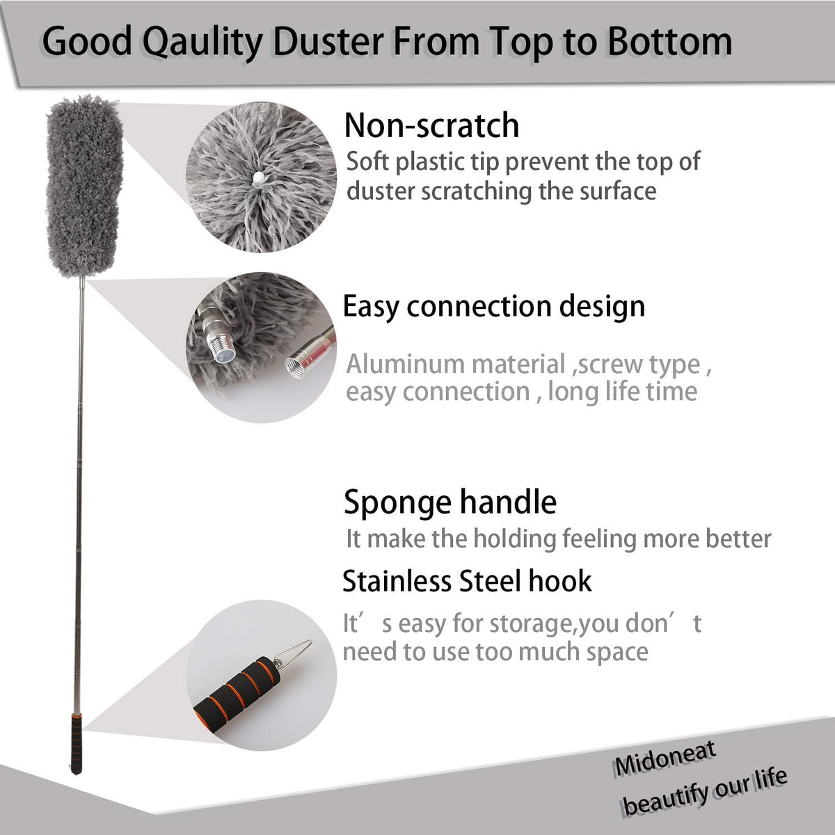 Midoneat Lambswool Duster with Extra Flexible Microfiber Head,Long Reach/Extendable Duster Up to 86" for Cleaning High Ceiling Fan, Interior Roof, Cobweb, Keyboard, Furniture