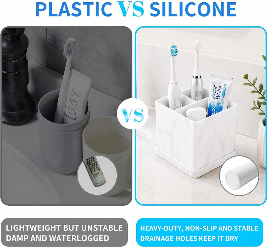 Silicone Toothbrush Holders for Bathrooms Marble White, 3-Slot Electric Toothbrush Holder and Organizer, Bathroom Toothbrush Holder Set, Soft Countertop Tooth Brush Holder, Portable and Easy to Clean