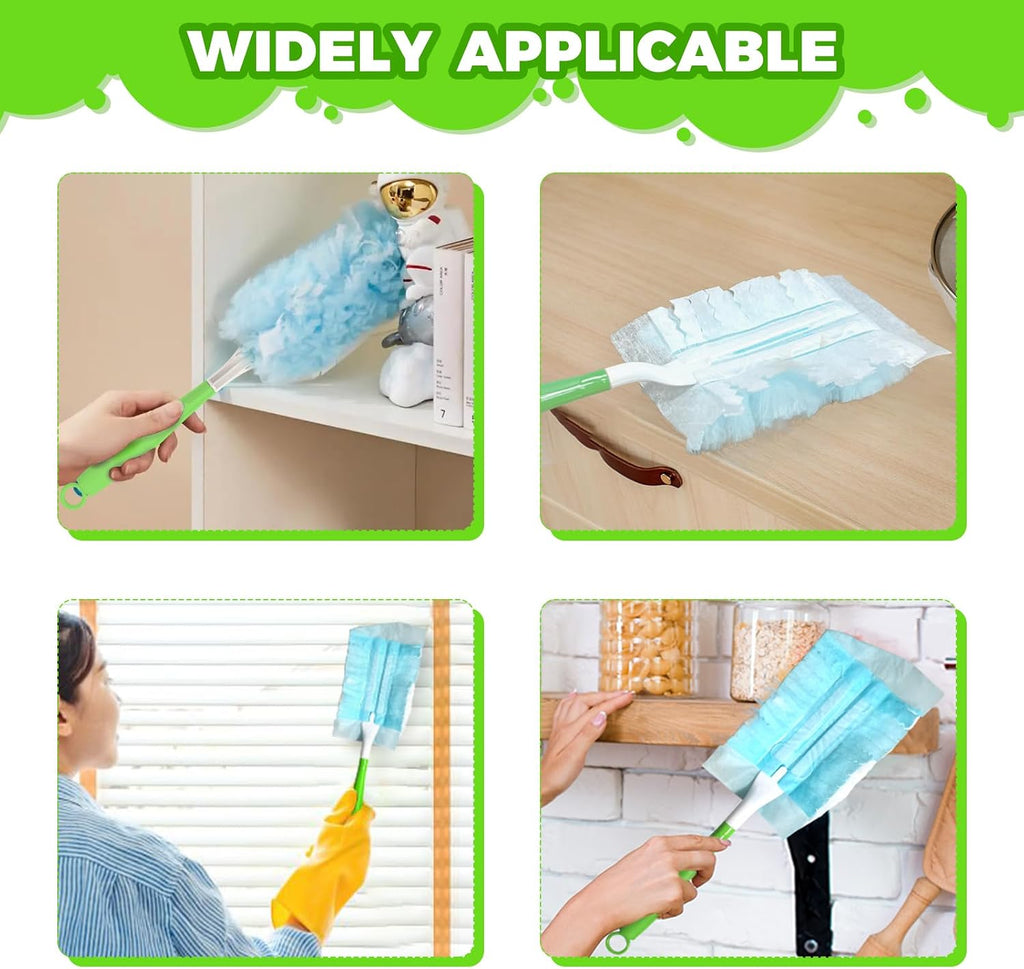 5PCS Duster Refills Folding Handles Set Compatible with Swiffer Dusters,Disposable Static Dust Removal Brush Handle for Dusting Electronics,Furniture,Blinds,Ceiling Fans (5, Green)