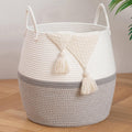 OIAHOMY 60L Blanket Basket with Handle, Storage Basket for Living Room, Laundry Hamper for Clothes, Towels, Pillows, Toy Storage for Kids and Dogs, Baby Hamper for Nursery - Grey & White