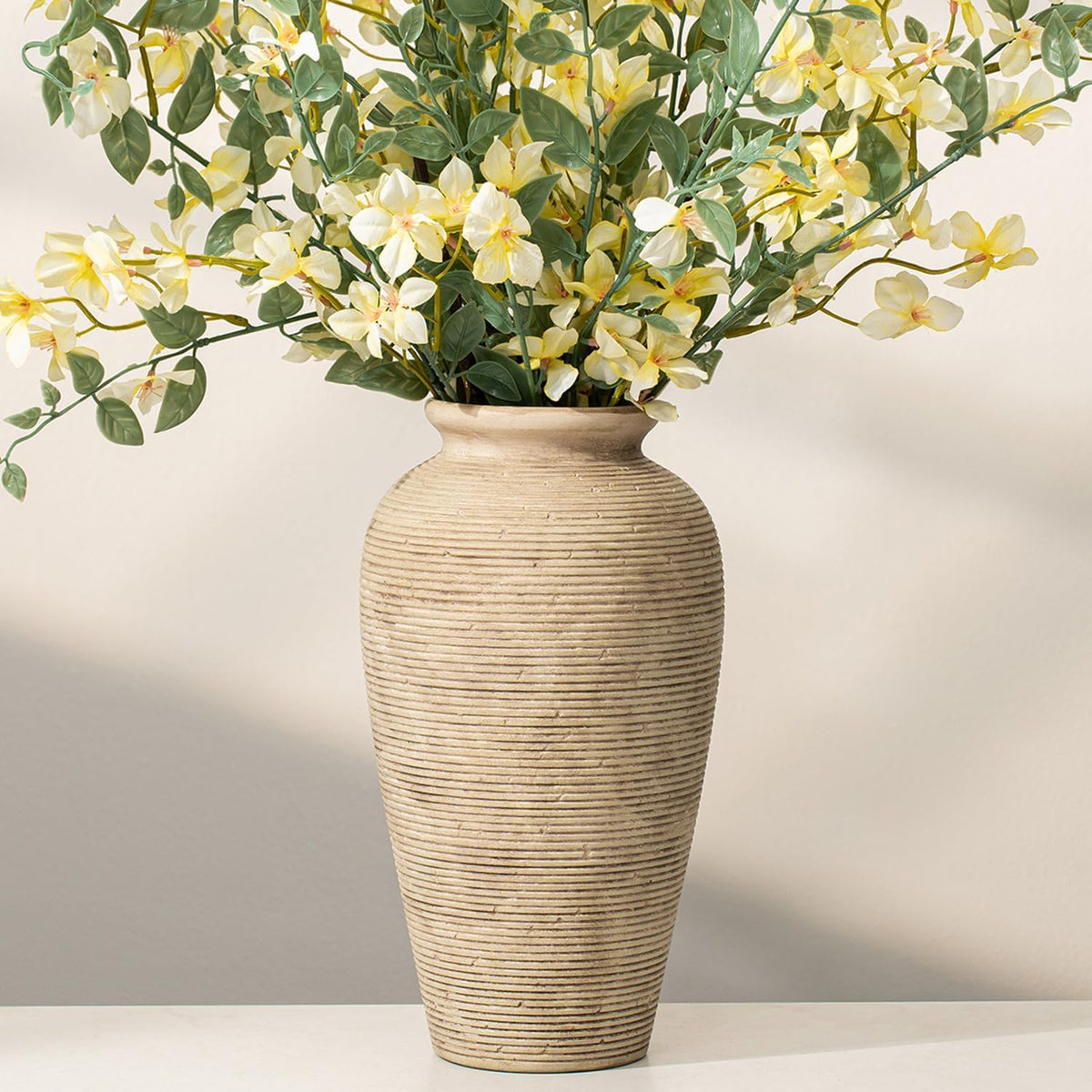 11.02 Inch Tall Vintage White Ceramic Flower Vase, Rustic Farmhouse Beige Stone Texture Vase for Home Decor, Decorative Terracotta Vase for Table Centerpiece Living Room Bathroom (Rustic-11.02'')