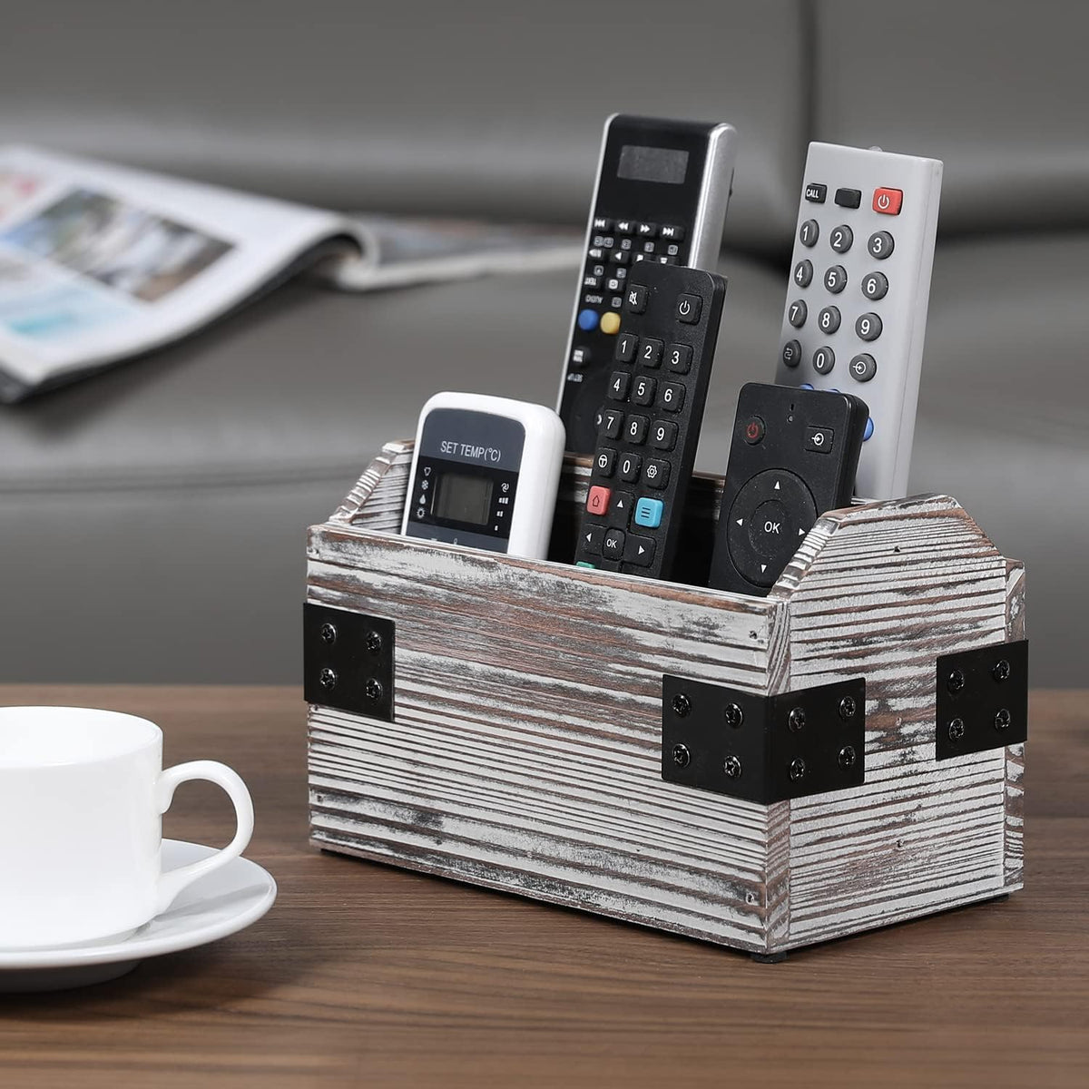 MyGift Remote Control Organizer Caddy, 2-Compartment Torched Wood & Metal