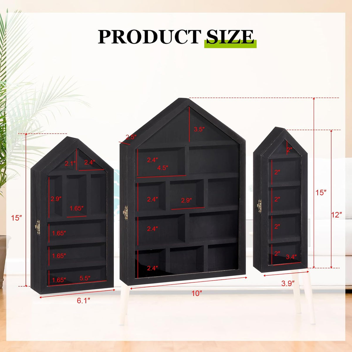 DoubleFill 3 Pcs Trinket Shelf Shadow Box, Black, House Shape