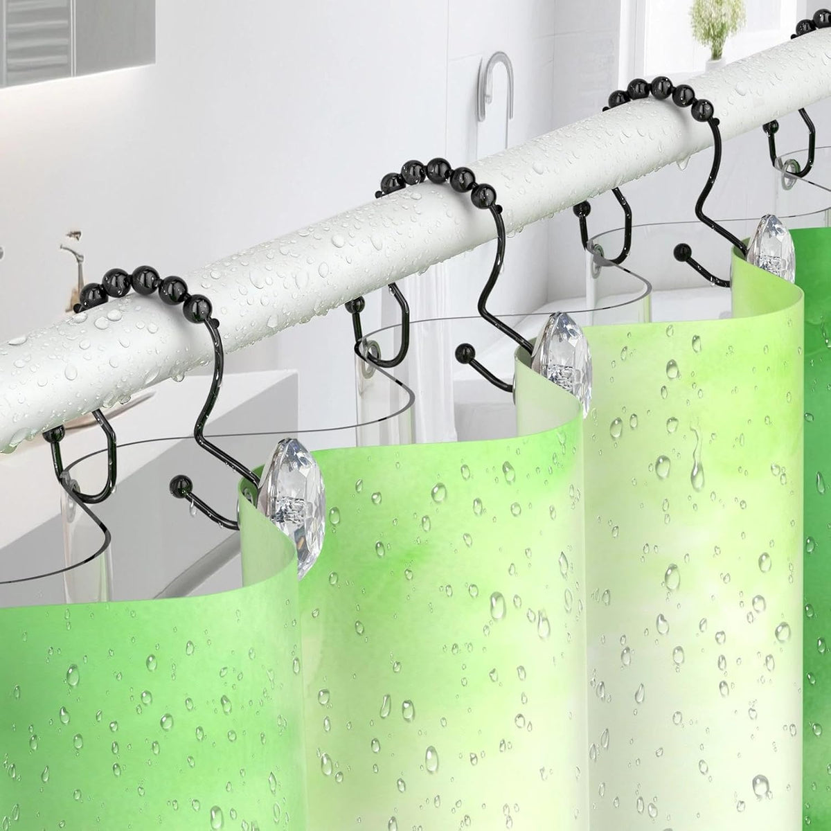 Goowin Shower Curtain Hooks, Crystal Shower Curtain Rings, Stainless Steel Black Shower Curtain Hooks, Metal Shower Curtain Hangers, Decorative Double Shower Hooks for Shower Curtain & Liner, Black