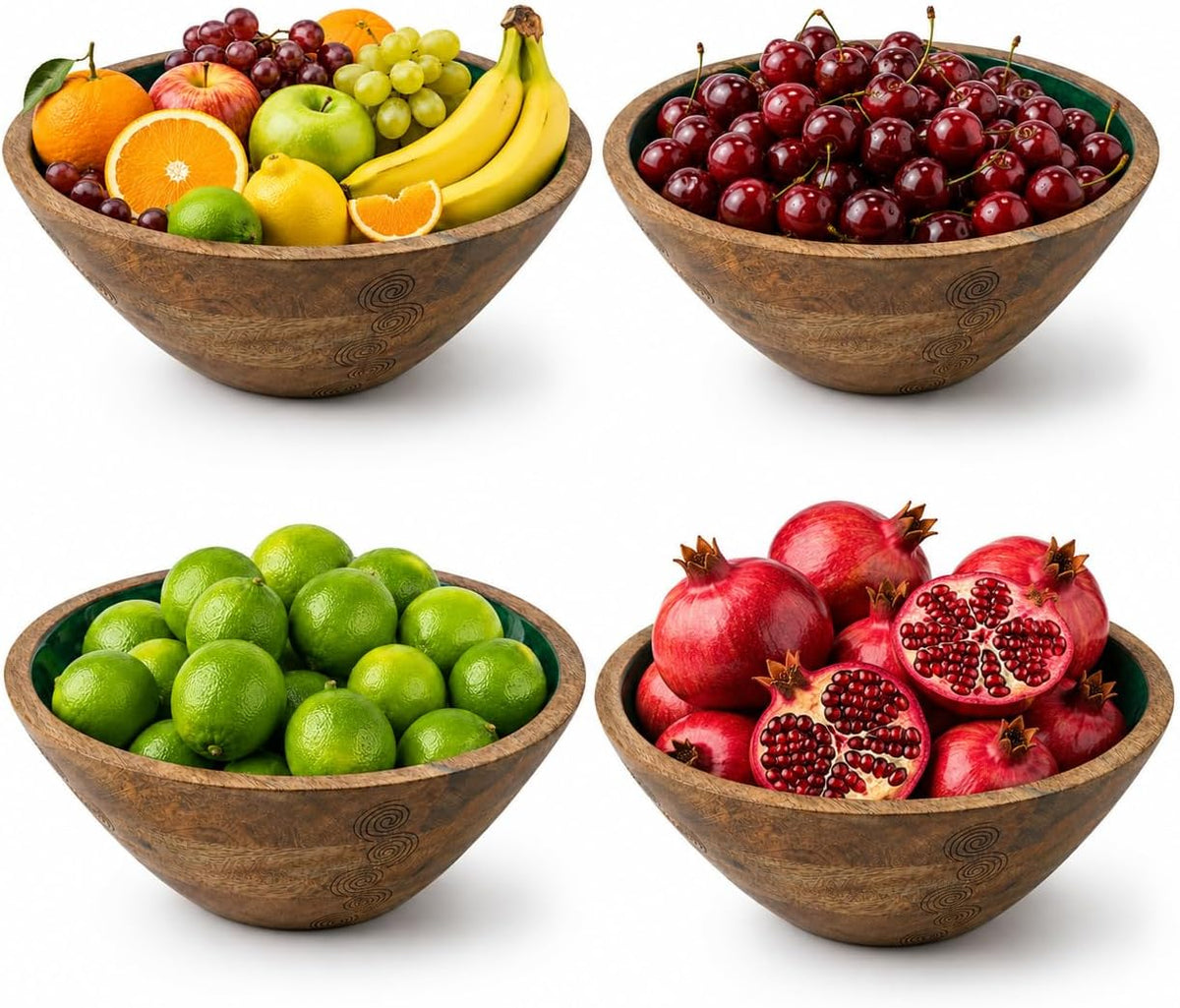 Green Wooden Decorative Bowl, Mango Wood Bowl Decor, High-Gloss Interior