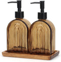 Glass Soap Dispenser Set with Wooden Tray, 13.5Oz Refillable Liquid Modern Soap Dispenser with Plastic Pump for Hand and Dish Set for Bathroom Countertop Decor (Dark Brown)